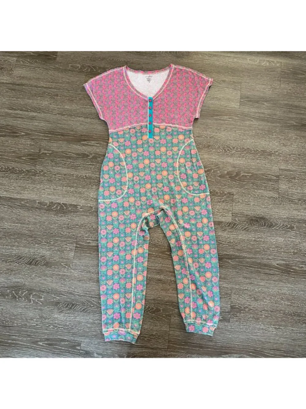 Natural Life Mix & Match Waffle Jumpsuit M Green Floral Boho Lounge Soft Colorfu